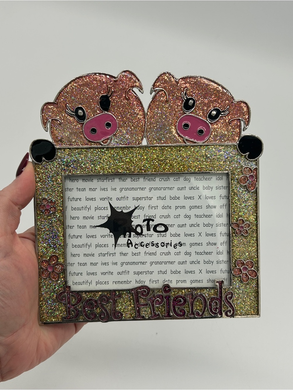 VTG Best Friends Pig Picture Frame Glitter Enamel Photo Accessories Pink Y2K